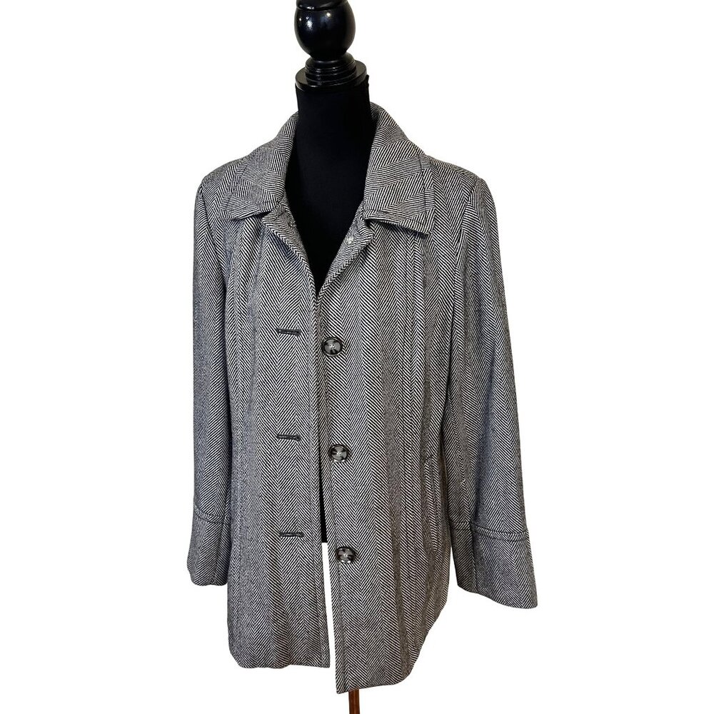 Liz Claiborne Womens Herringbone Jacket Grey Button Front Coat Large Wool Blend